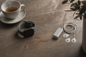Smartwatch and a holter monitor on a home table
